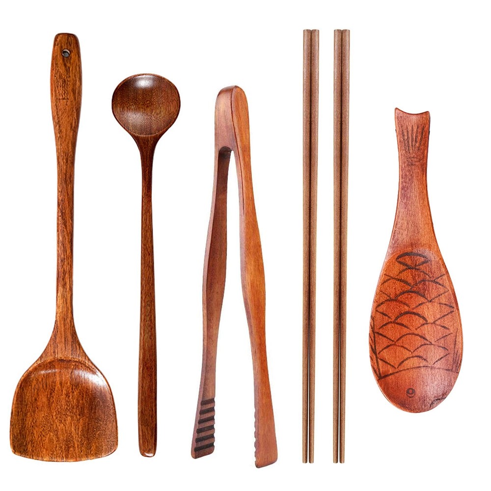 FJNATINH Wok Utensils Wooden Cooking Utensils Tools 6 PCS Wooden Spatula, Bar...