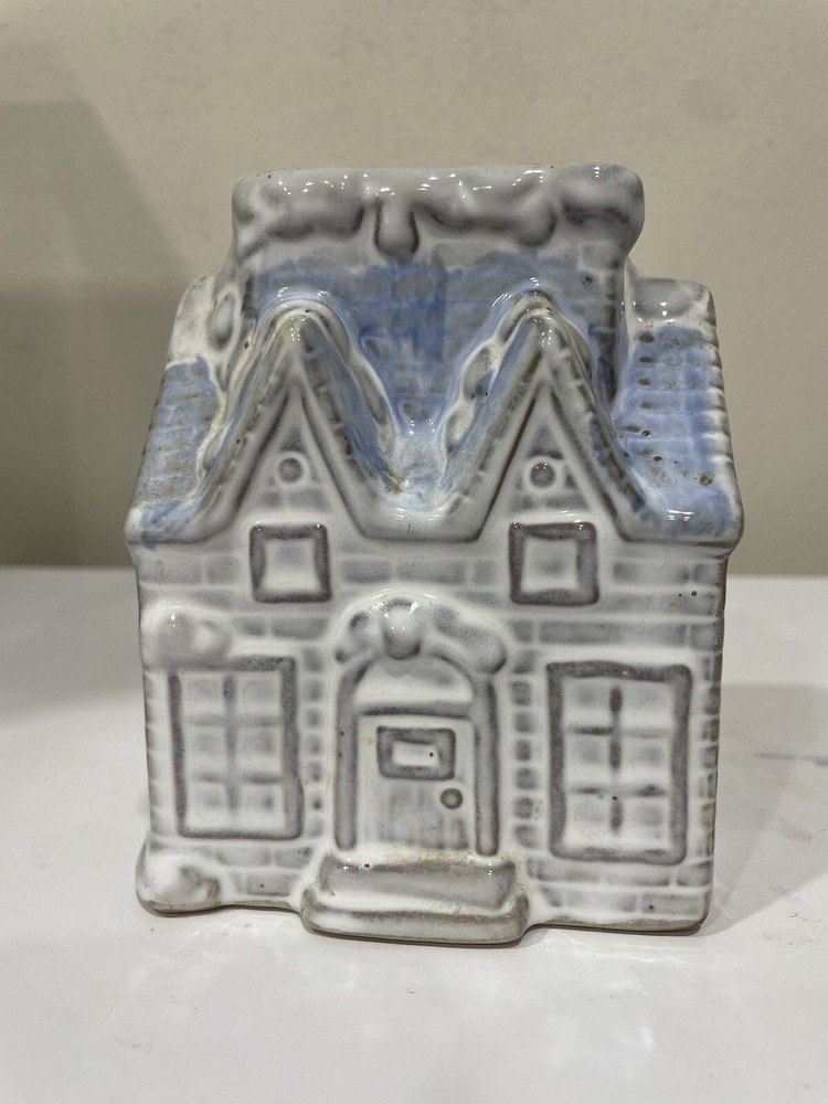 Ceramic House Planter Giftco Vase Cottage Cabin Blue White Art Pottery 5