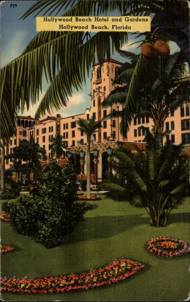 Hollywood Beach Hotel & Gardens Florida ~ palm trees ~ 1940s linen postcard