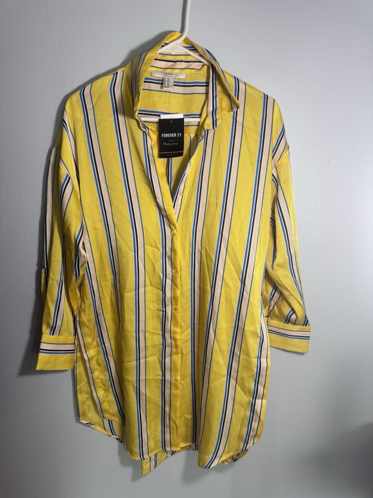 Forever 21 Xs Yellow Striped Button Up Shirt / Dress