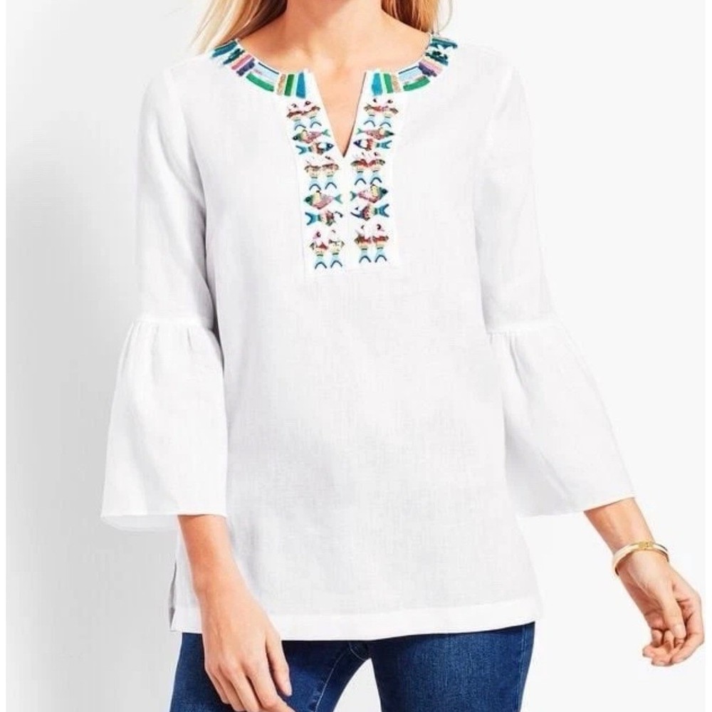 Talbots White 100% Linen Fish Sequin Tunic Bell Sleeve Blouse L Resort Cruise