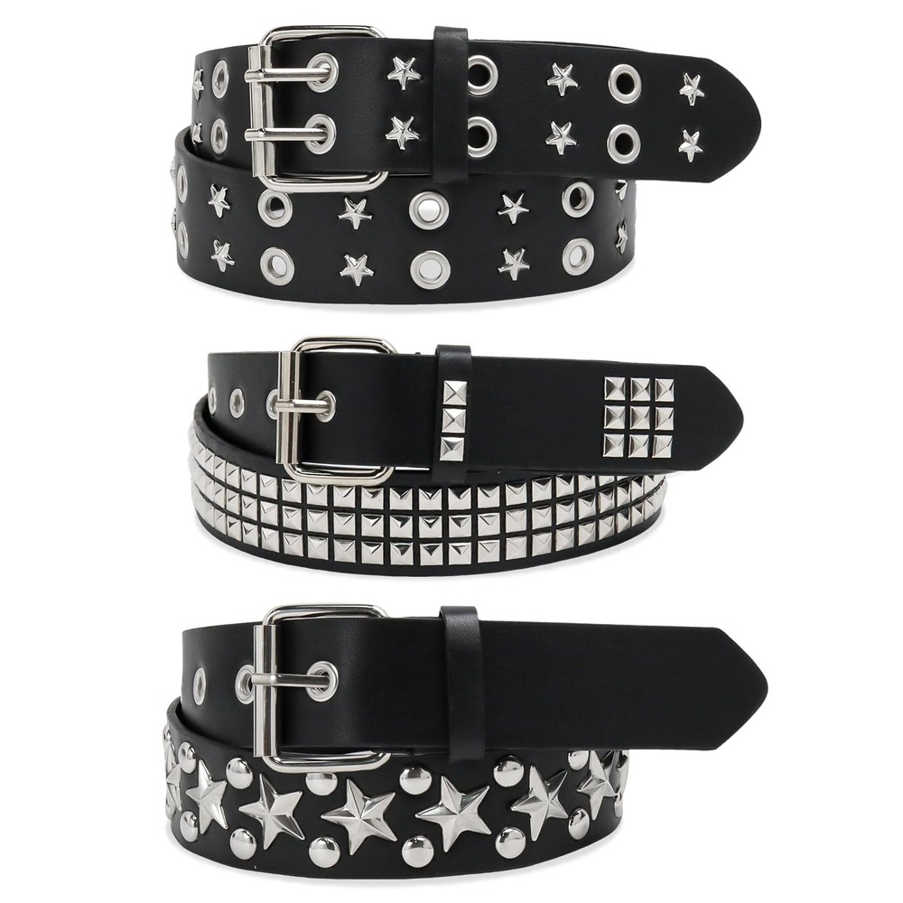 3 PCS Black Studded Belt Y2K Star Goth EMO Punk Rock Double Grommet Belts