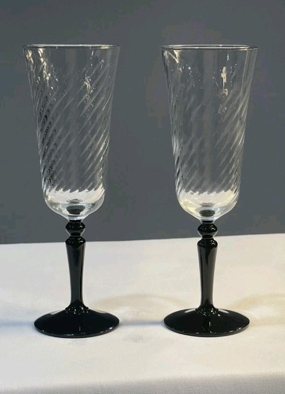 Vintage Luminarc Optic Swirl Champagne Glasses 7” Onyx Black Stem France Set  2