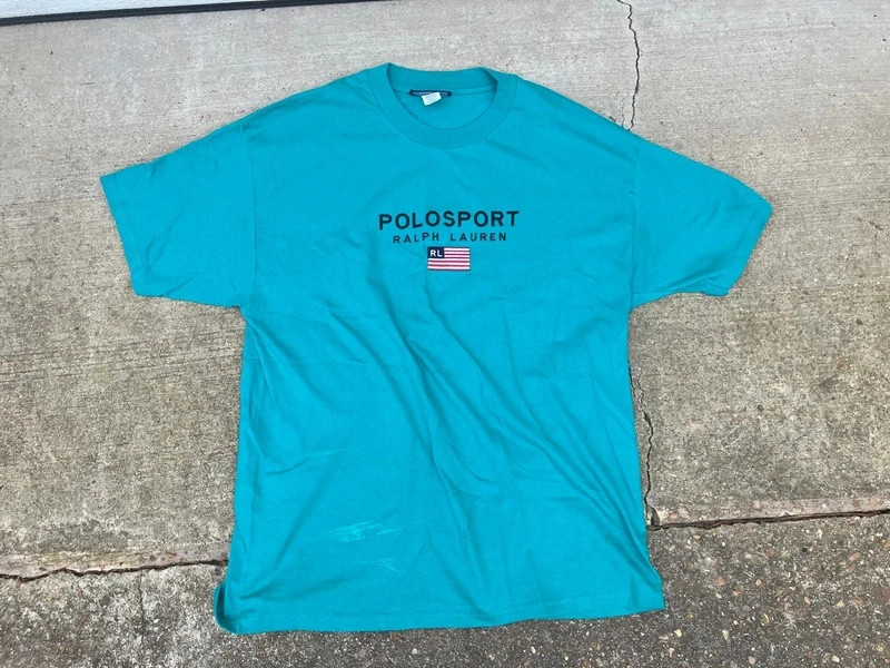 Vintage 90s Polo Sport Ralph Lauren Spell Out American Flag T Shirt XL Teal Fifa