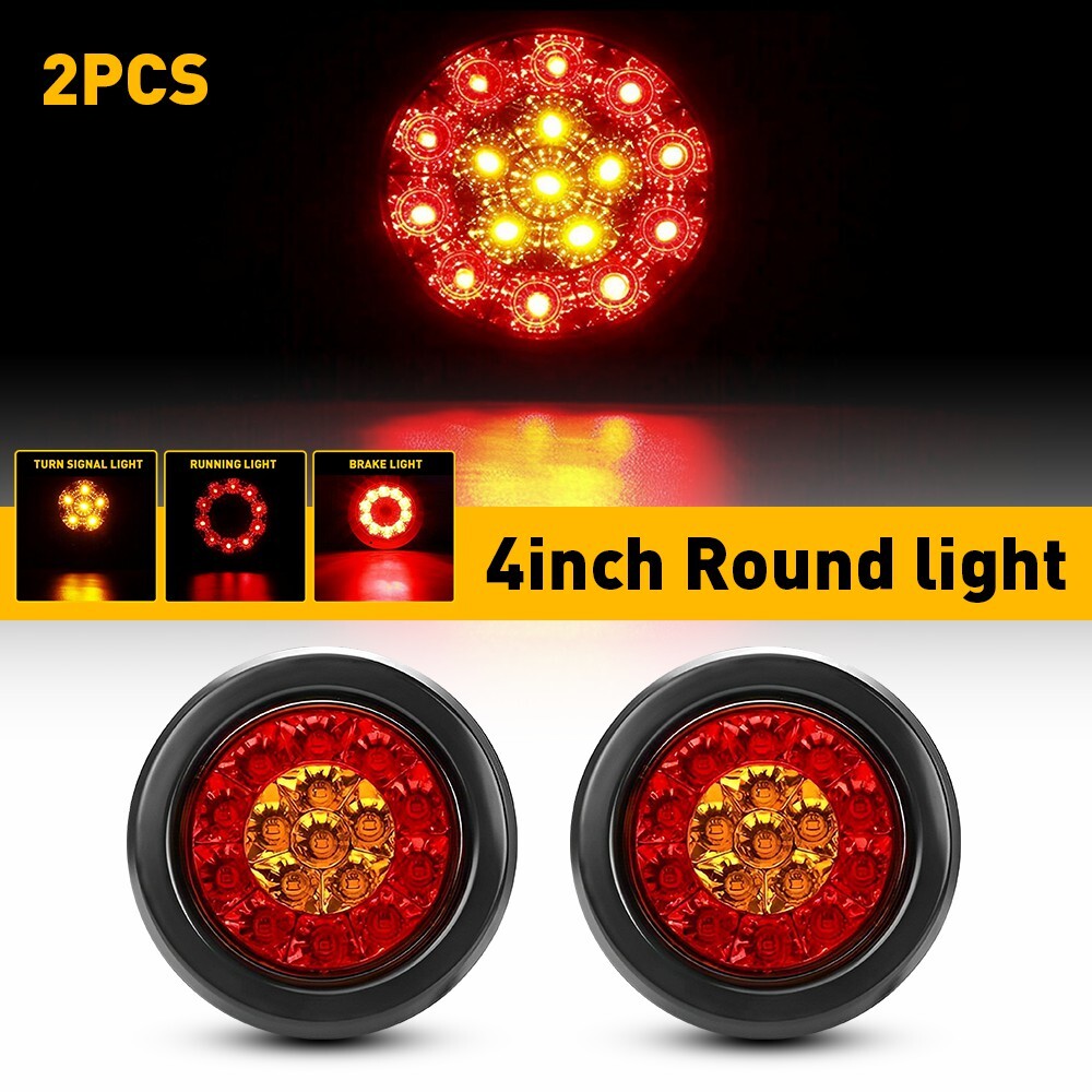 2X 4in Amber Red LED Truck Trailer Tail Lights Stop Turn Brake DRL