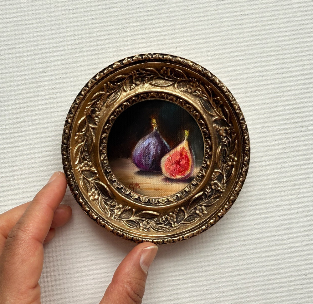 Miniature Fig Oil Painting - Original Fruit Art Tiny Still Life
