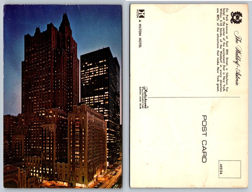 Waldorf-Astoria Hotel NYC Night View Plastichrome Postcard Hilton