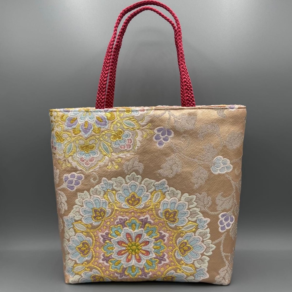 Handmade Japanese Kimono Obi Silk Tote Bag with Pink Beige White Gold Embroidery