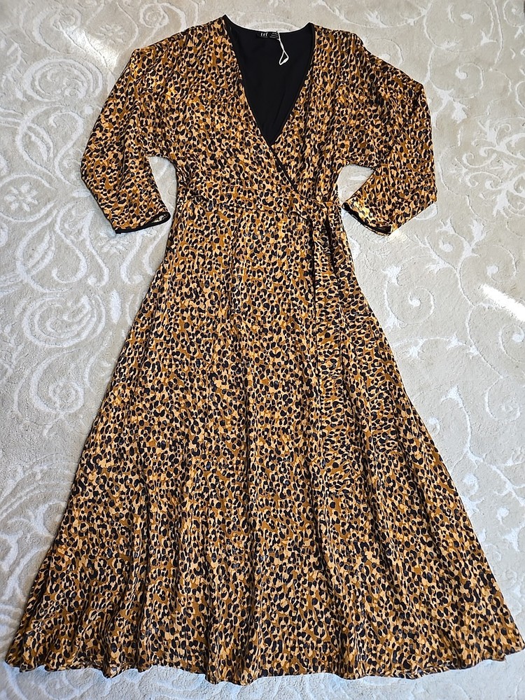 NWOT Zara Leopard Print Maxi Dress Tie Waist Side Zipper Size Small