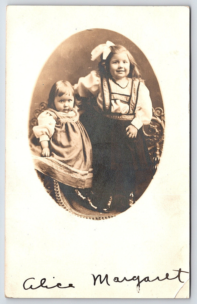 Vintage Real Photo Postcard Old Antique Family Picture Pretty Girls In Dresses