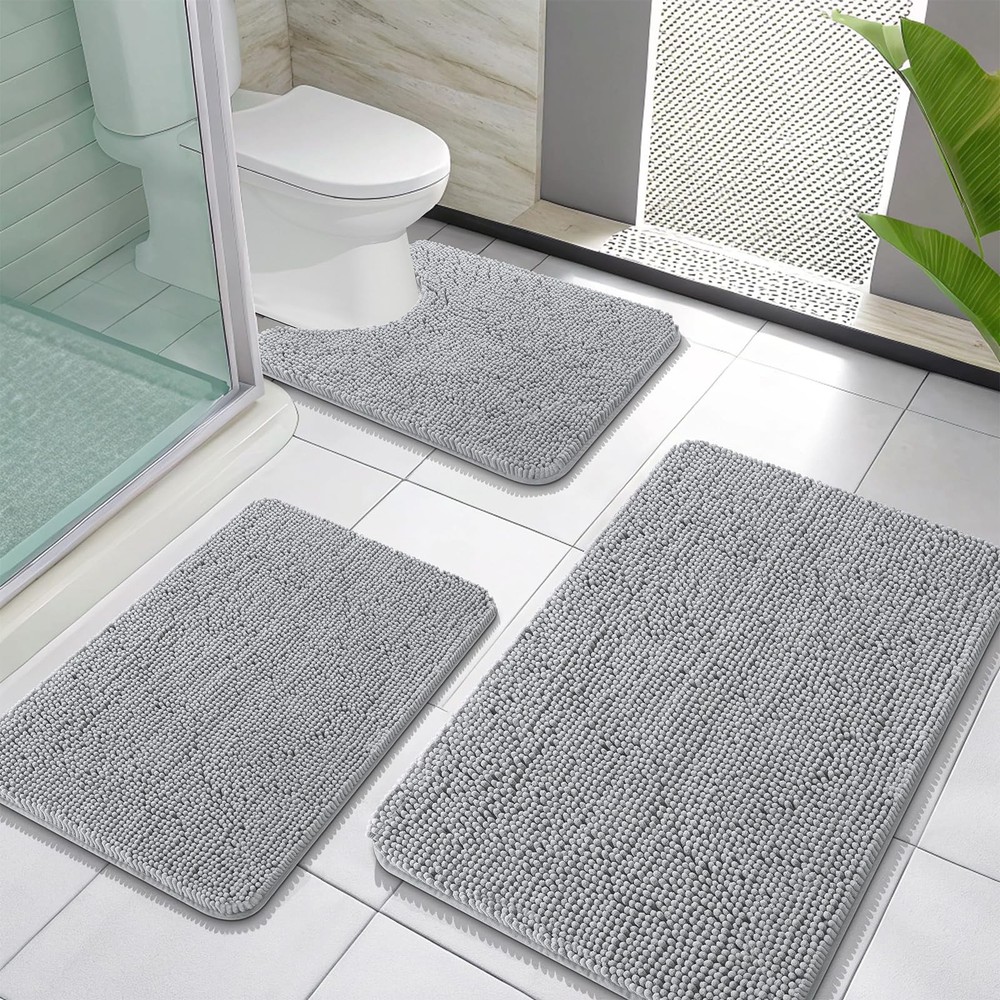 Bathroom Rugs Sets 3 Piece, Soft Absorbent Chenille Bath Mats and U-Shaped Co...