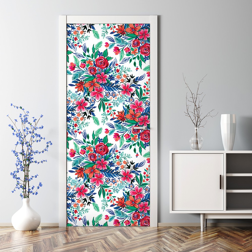 Adhesive Door sticker Colourful Flowers Peel and stick Floral Watercolour Home