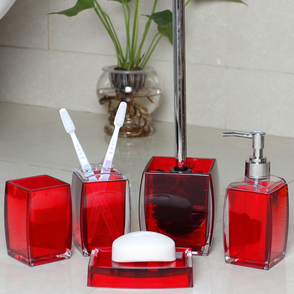 5-Piece Red Acrylic Bathroom Set - Soap & Lotion Dispenser, Modern Accessories