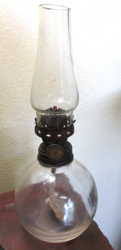 Antique Miniature Oil Finger Lamp, Clear Ball, P & A Acorn Burner  7.5