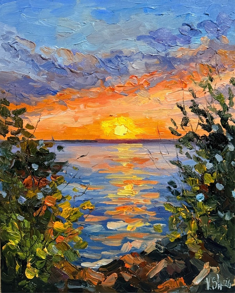 SUNSET RIVER  AUTUMN LANDSCAPE ORIGINAL Impressionism Art Oil painting Signed