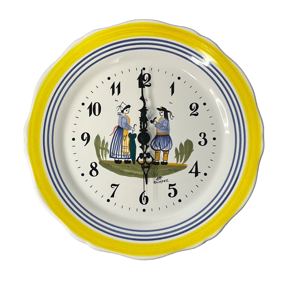 Vtg Henriot Quimper French Faience Plate Wall Clock Breton Couple Hand Signed AC