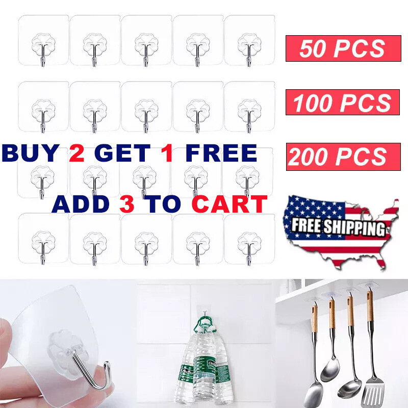 50/100/200 PCS Adhesive Sticky Hooks Heavy Duty Wall Door Seamless Hook Hangers