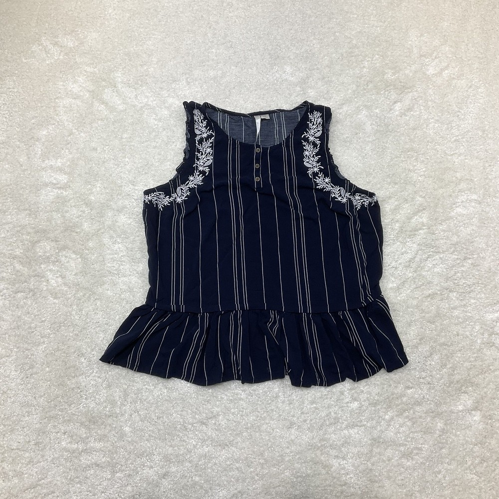 Lauren Conrad LC Womens Size M Floral Blue Striped Sleeveless Peplum Tank Top