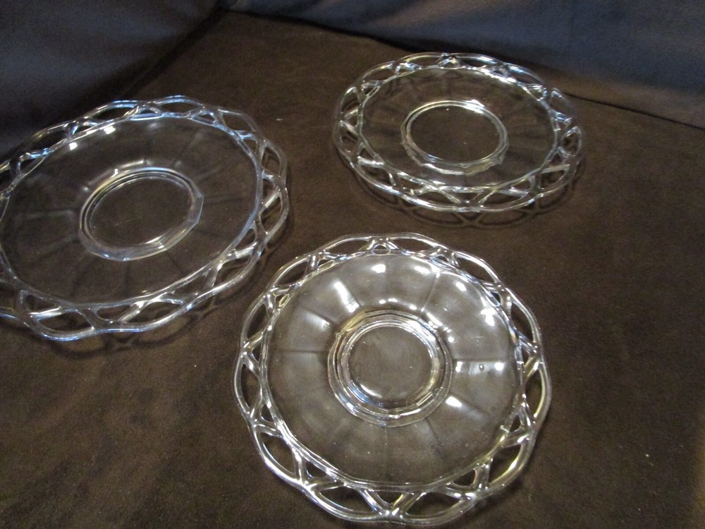 VINTAGE Imperial Glass Clear Crocheted Lace Edge 1930’s 3 plates 9.5-6.5-7.25