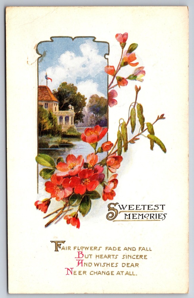 Greetings~Red Flowers Lake Scene & Sweetest Memories Poem~Vintage Postcard