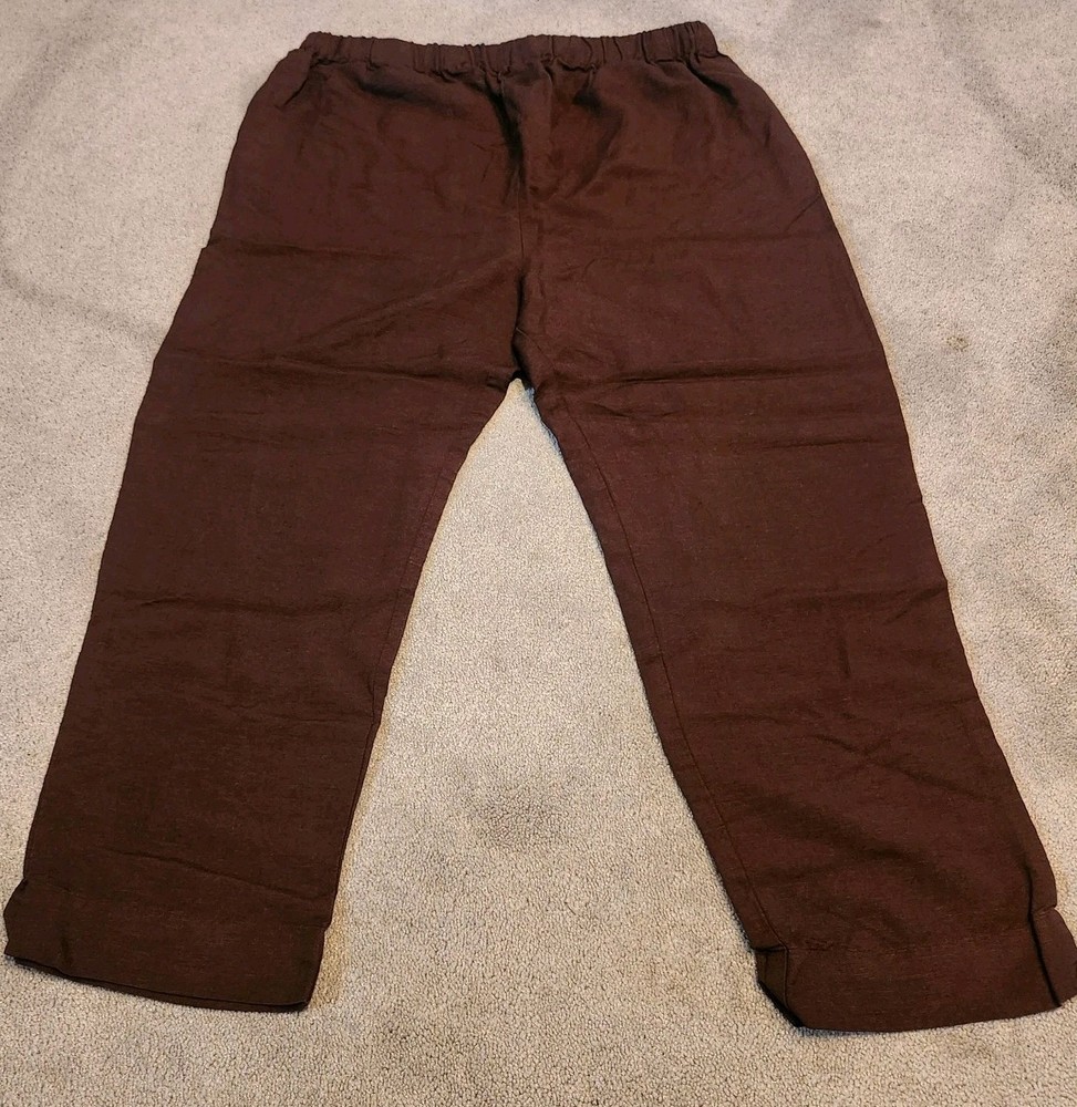 Wide Leg Pull On Linen  Pants Brown Short Fit Drawstring Womens Size Medium 8/10