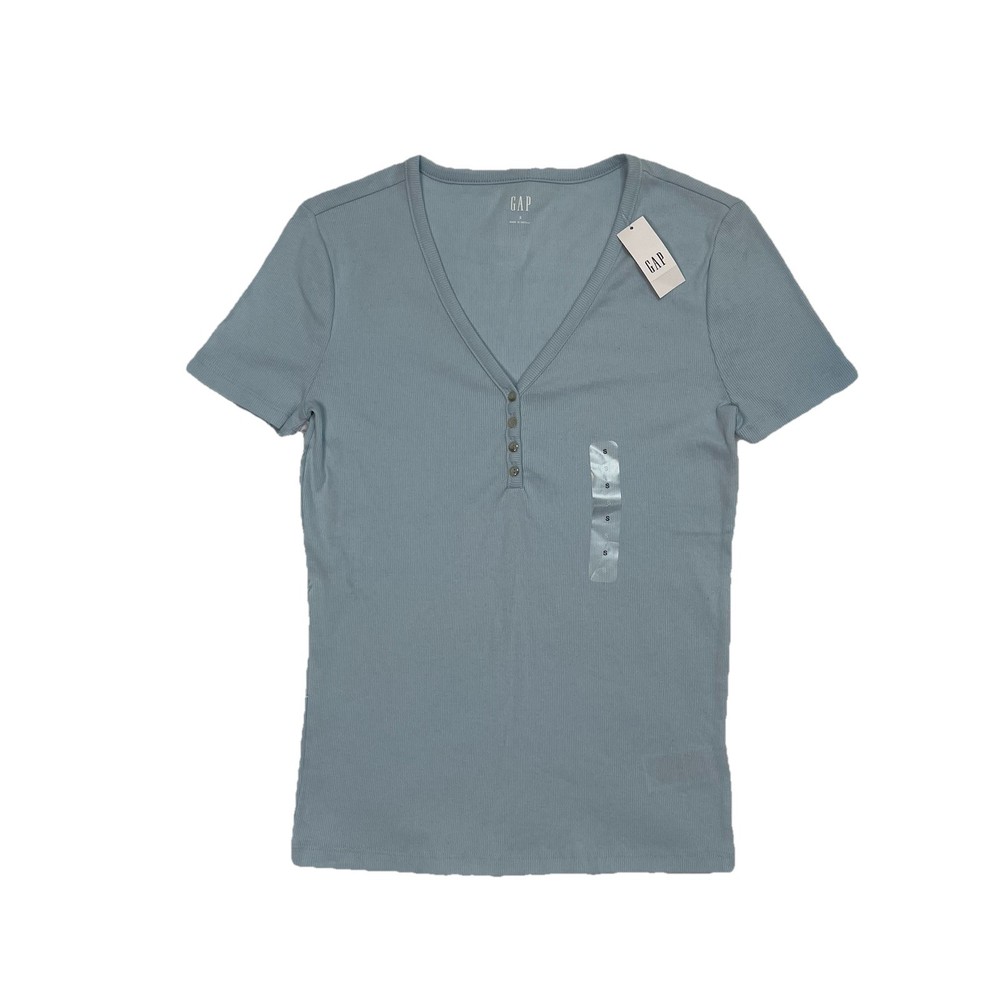Gap Women’s Size S Small Ribbed Henley Shirt Light Blue Short Sleeve New