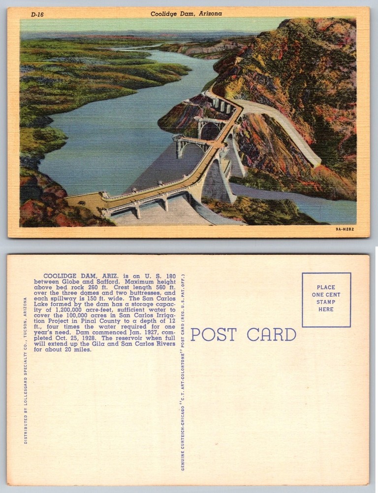 Coolidge Dam Arizona Vintage Postcard San Carlos Lake CT Art-Colortone