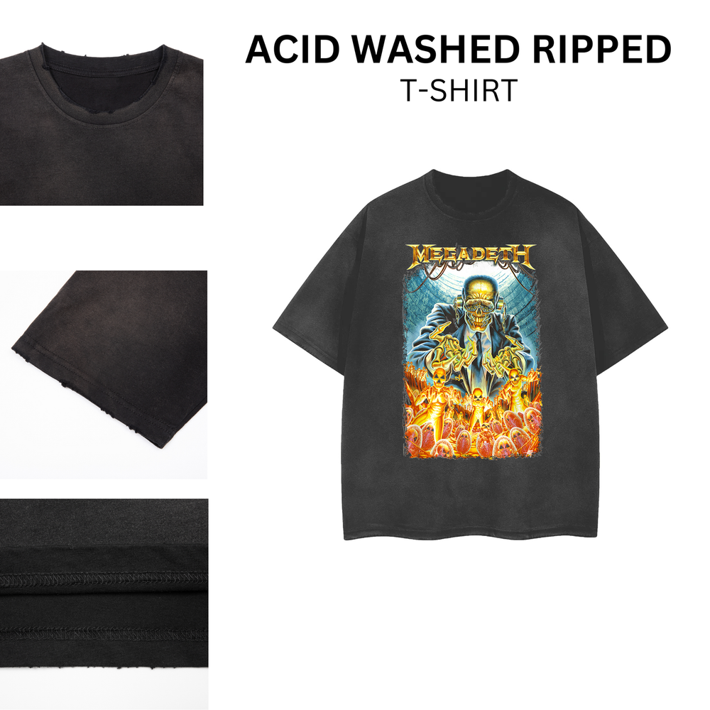 Vintage-Style Acid Washed Ripped Rock Band T-Shirt – Unisex Distressed Tee 102270-image