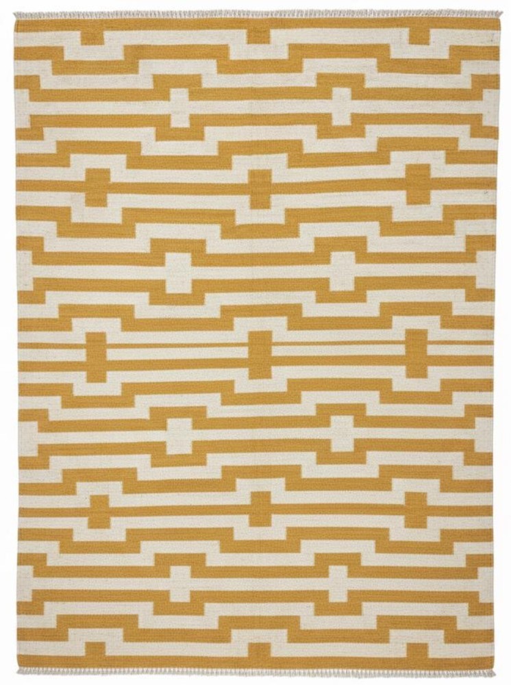 Handwoven Wool Kilim Dhurrie Rug Color Mustard Yellow White Design Carpet Rug