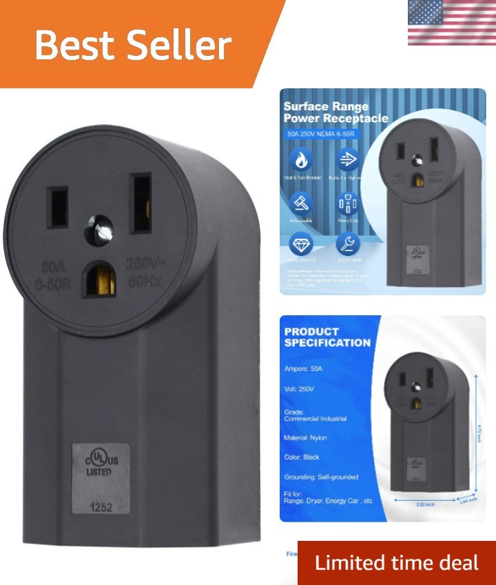 Receptacle 2-Pole 3-Wire Surface Mount Power Receptacle 250V 50A  Listed, Black