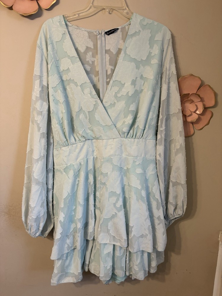 Express Light Blue Floral Long Sleeve Romper with Tie Back V-Neck Zip Closure
