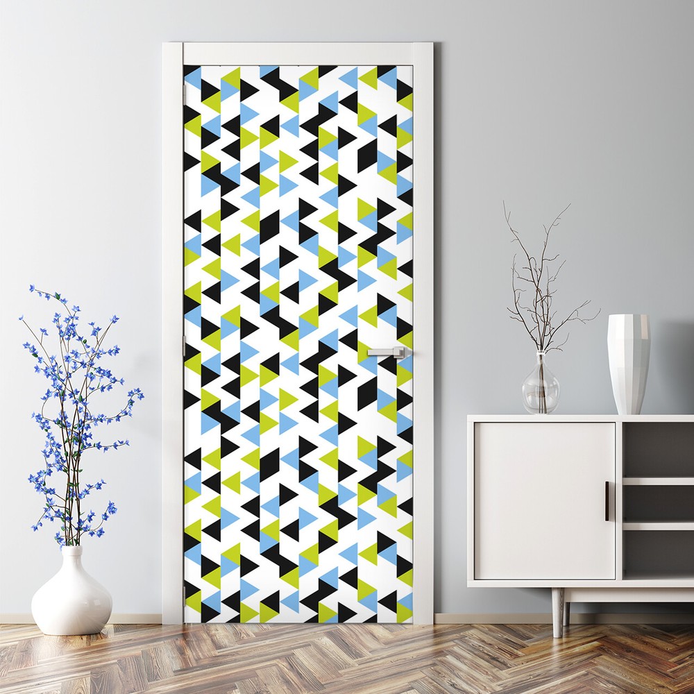 Geometric bubble-free door decal in white black blue and green
