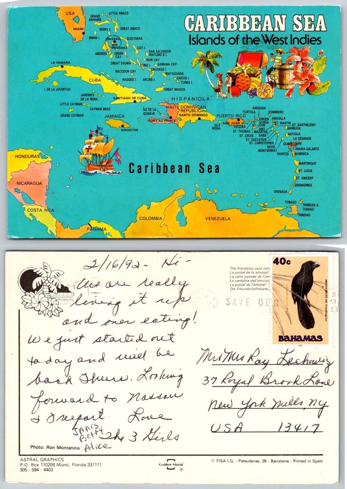 1992 Caribbean Sea Islands West Indies Map Postcard Bahamas Stamp Posted