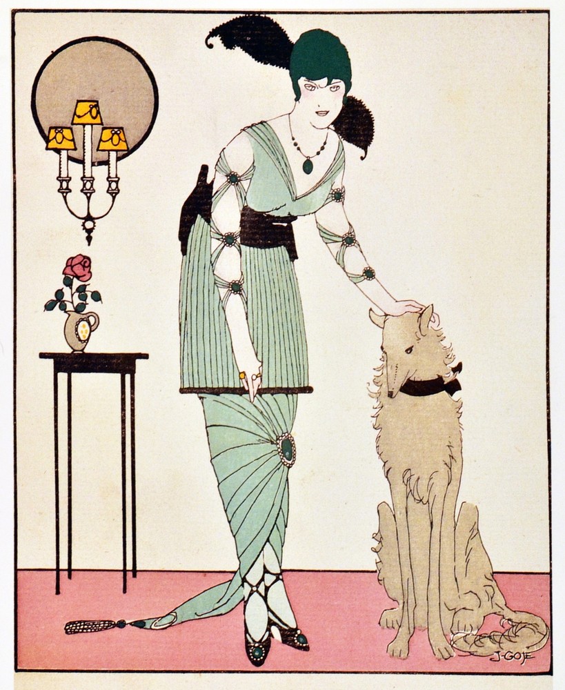 Decoration poster.Interior design Art.Deco fashion.Green dress.Dog.6370