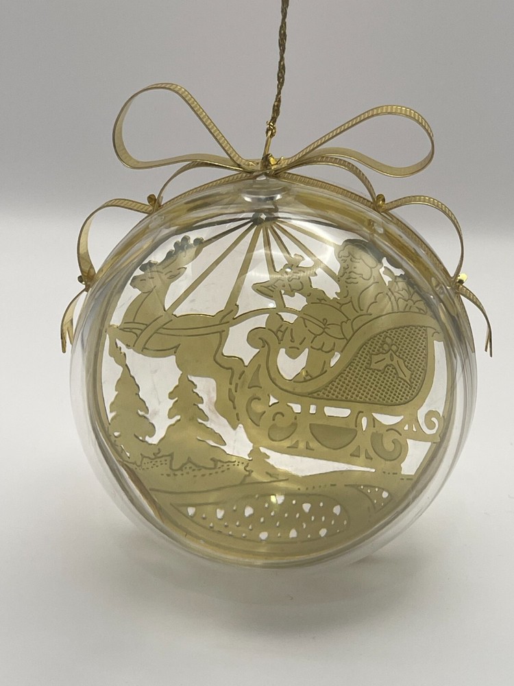 Vintage Christmas Ornament Gold Sleigh Santa Reindeer Thick Plastic  Taiwan