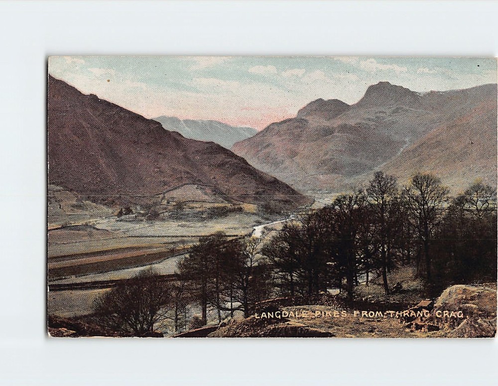 Postcard Langdale Pikes from Thrang Crag Cumbria England
