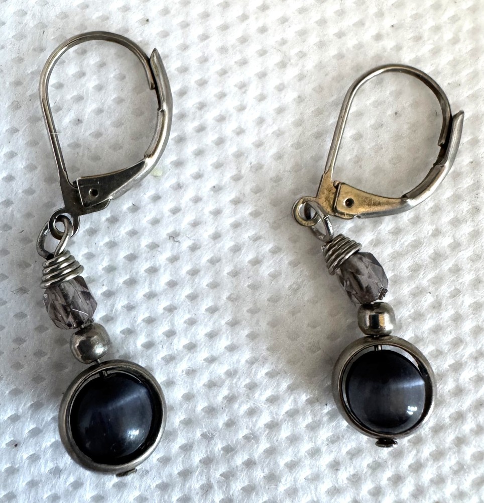 Vintage BLACK BEAD White Swirl Lever Back for Pierced Ears Earrings