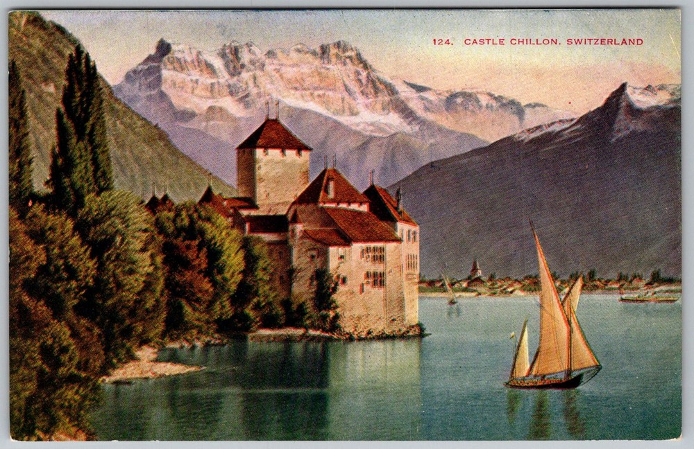 Vtg Postcard Chillon Castle Lakeside View Veytaux, Switzerland 1930s