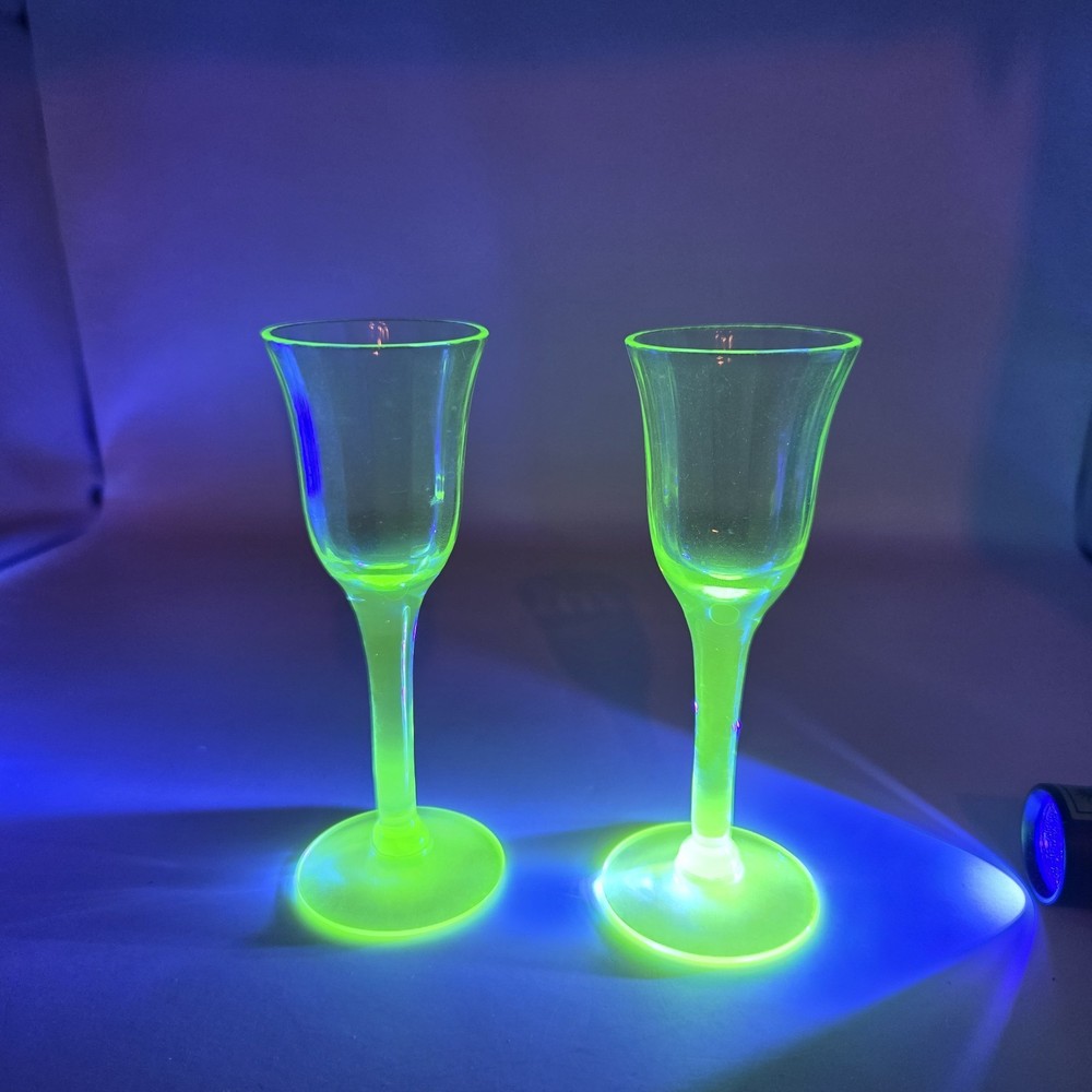 VTG Uranium Glass Liqueur Cordial Goblets Green Glow Set 2