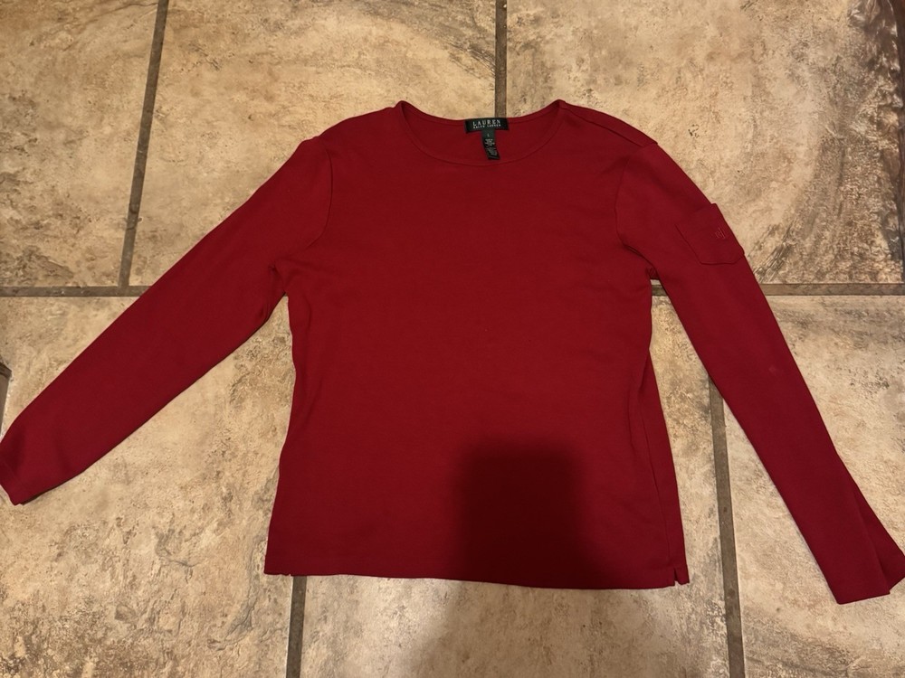 Ralph Lauren Red Long Sleeve Tee Shirt Women’s Large | Classic Crew Neck Top