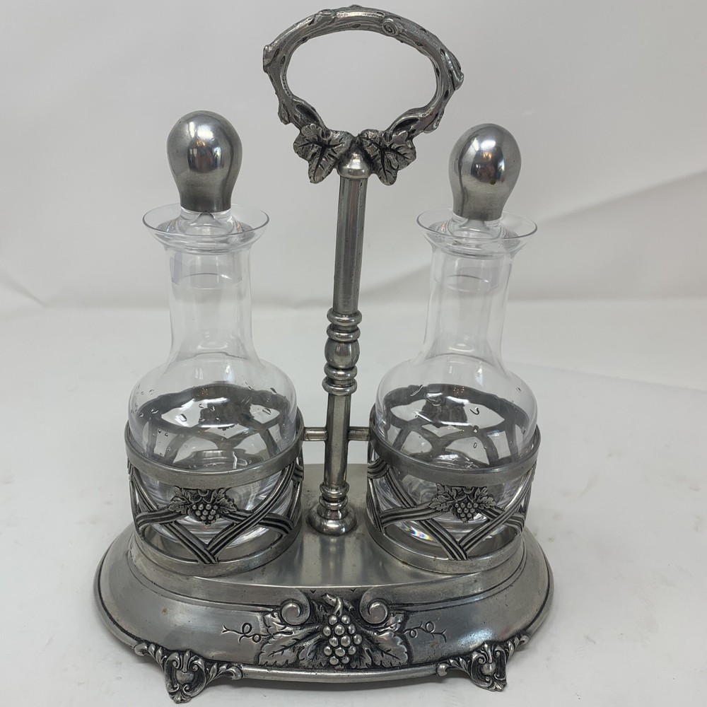Vintage JD Estanho Pewter Stand with Glass Bottles from Portugal