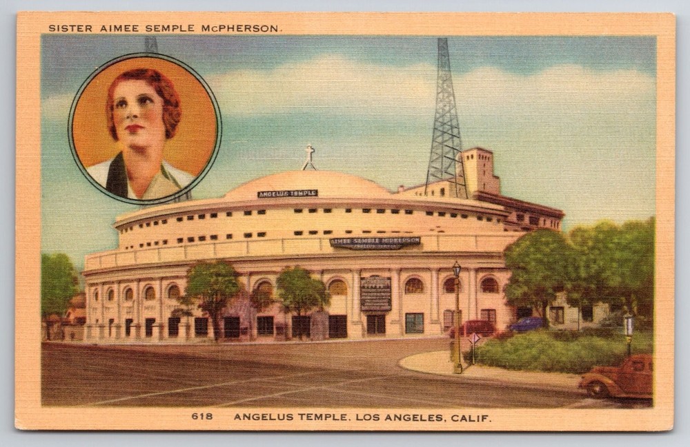 Aimee Semple McPherson Angelus Temple Los Angeles CA Linen Postcard 1930s