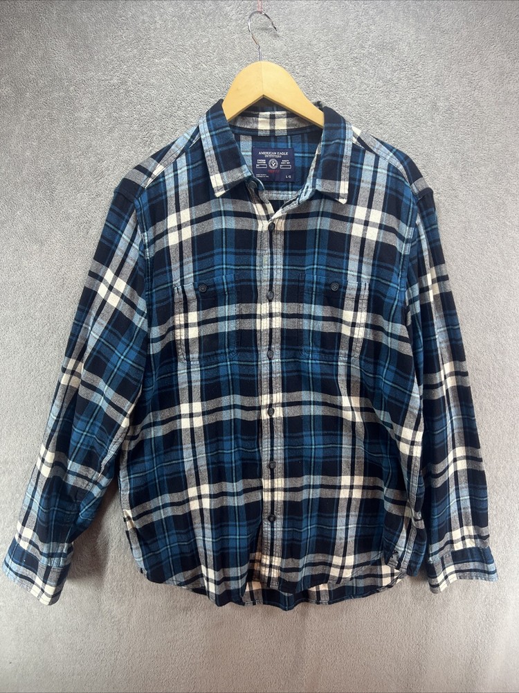 American Eagle Shirt Mens Large Blue Plaid Flannel Button Up Prep Fit Lumberjack