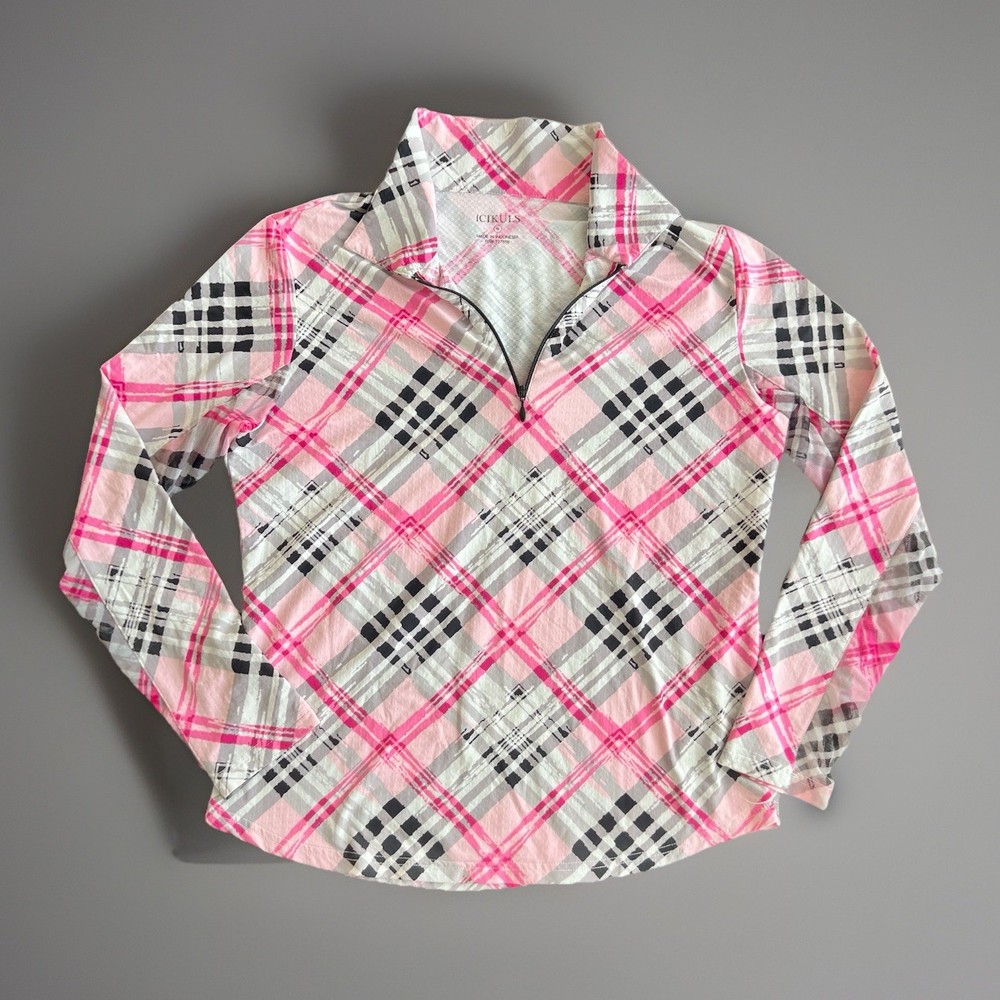 IBKÜL Plaid Print Pink Gray Black Sun Shirt M Athleisure Cooling UPF50+ Top