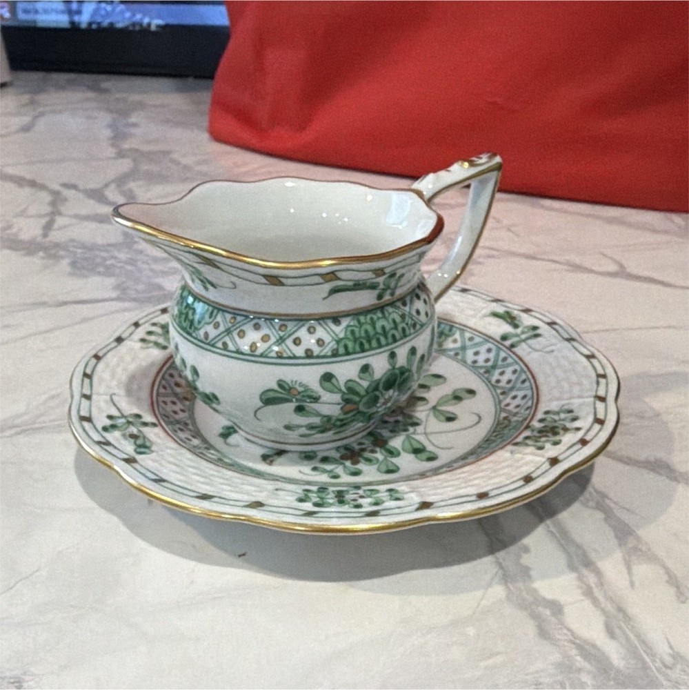Herend Handpainted Green Floral Porcelain Tea Cup & Saucer Set, Gold Trim
