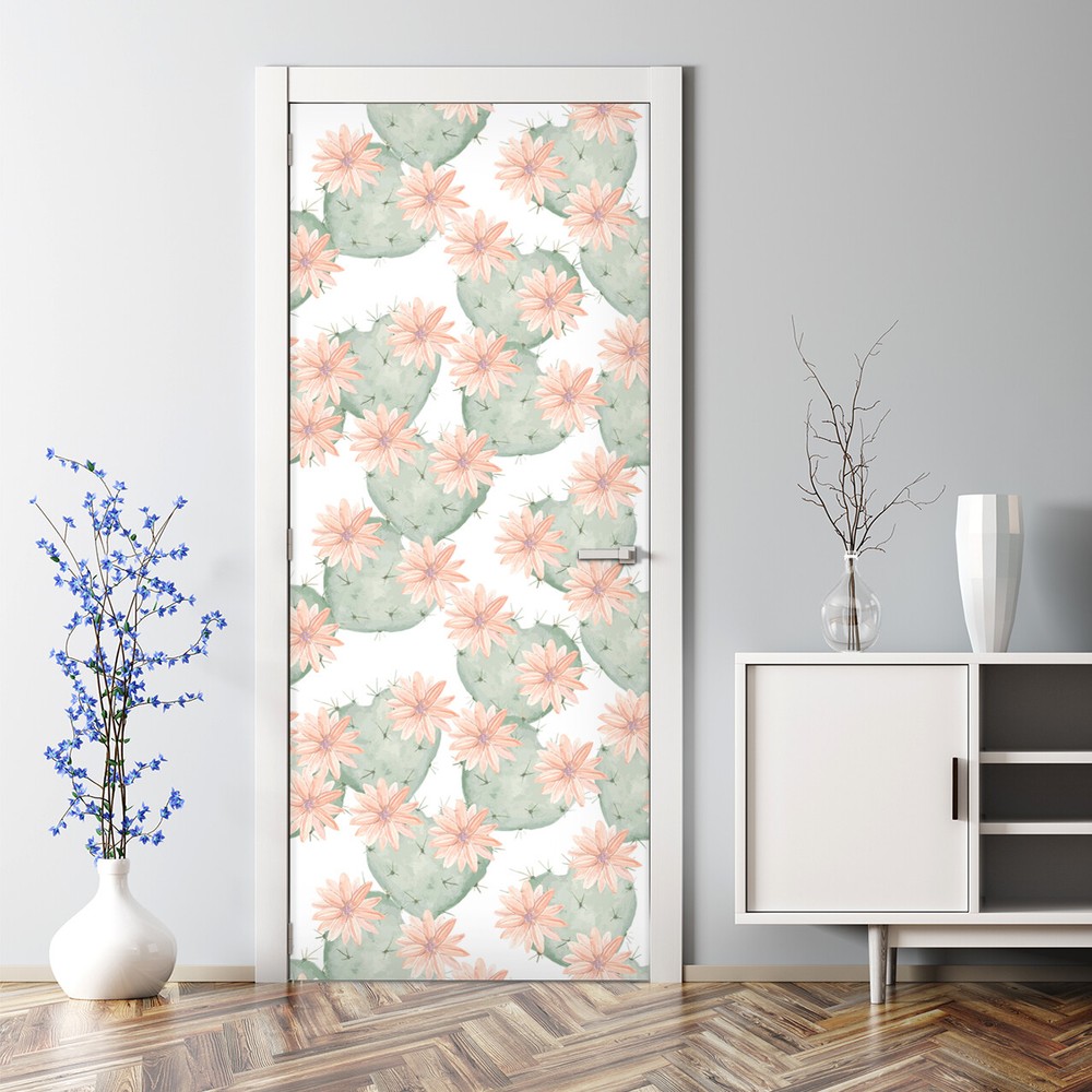 Cactus Flower Watercolour Cactus and Flowers Pattern Self Adhesive Door Decal