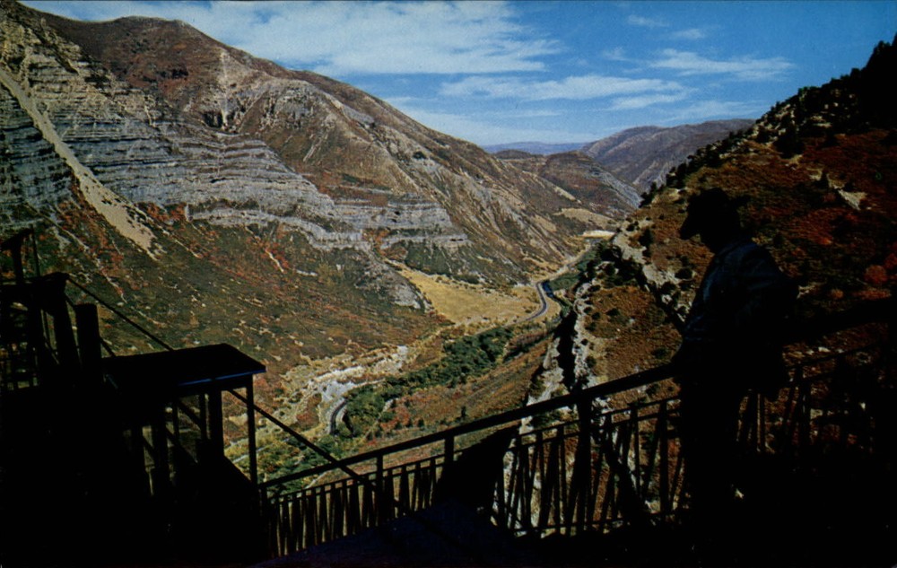 Sky Ride Bridal Veil Provo Canyon Utah aerial view ~ 1950-60s vintage postcard