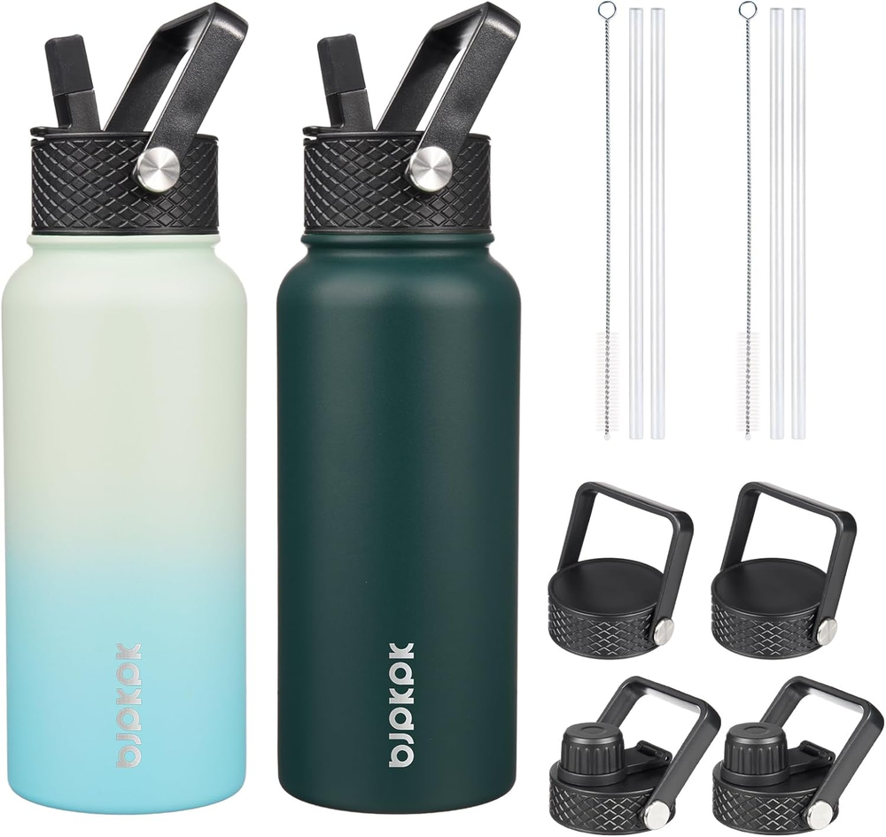 2 Pack Insulated Water Bottles with Straw Lids, 32Oz Stainless Steel Metal Water