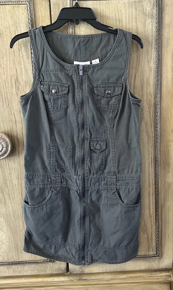 DKNY JEANS Green Khaki  Cotton Zip Up Sleeveless Cargo Dress Sz Medium