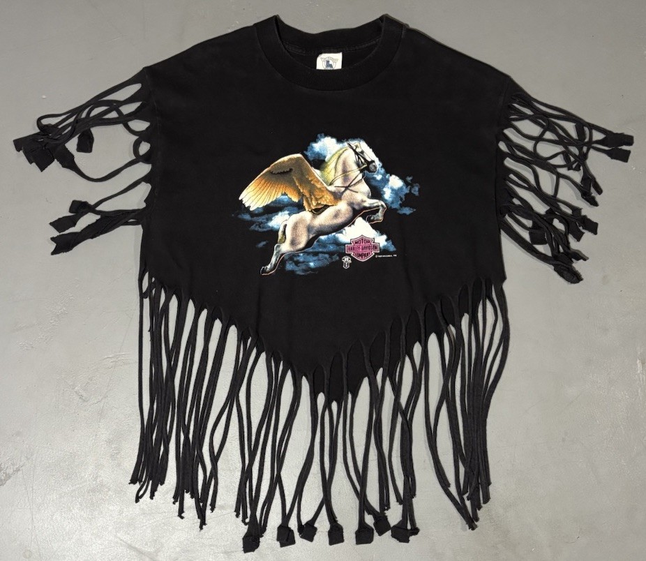 Vintage 80s Harley Davidson Pegasus Fringe Crop Top Shirt Black Size Large